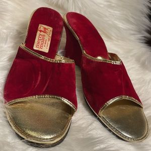Vintage Merry Mules Women's Red Velvet & Gold Slide Slippers